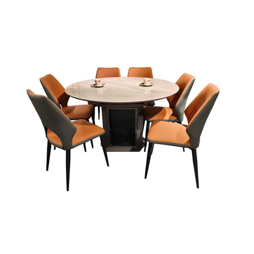 LR-2307+6XLR-966 1.3M ROUND STONE MARBLE TABLE + DINING CHAIRS